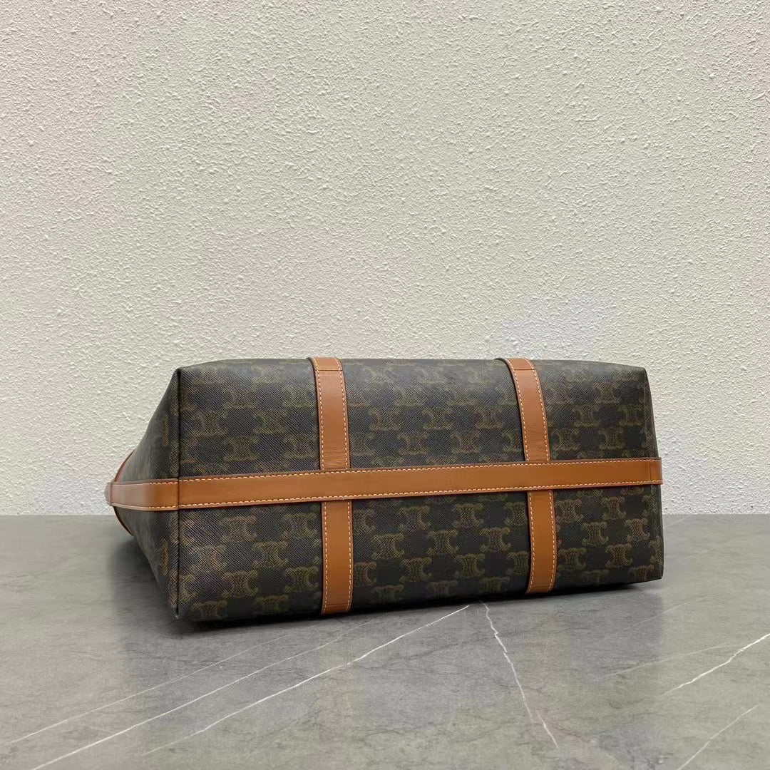 Celine Cabas Drawstring  Bag Triomphe Black Brown Canvas & Calfskin