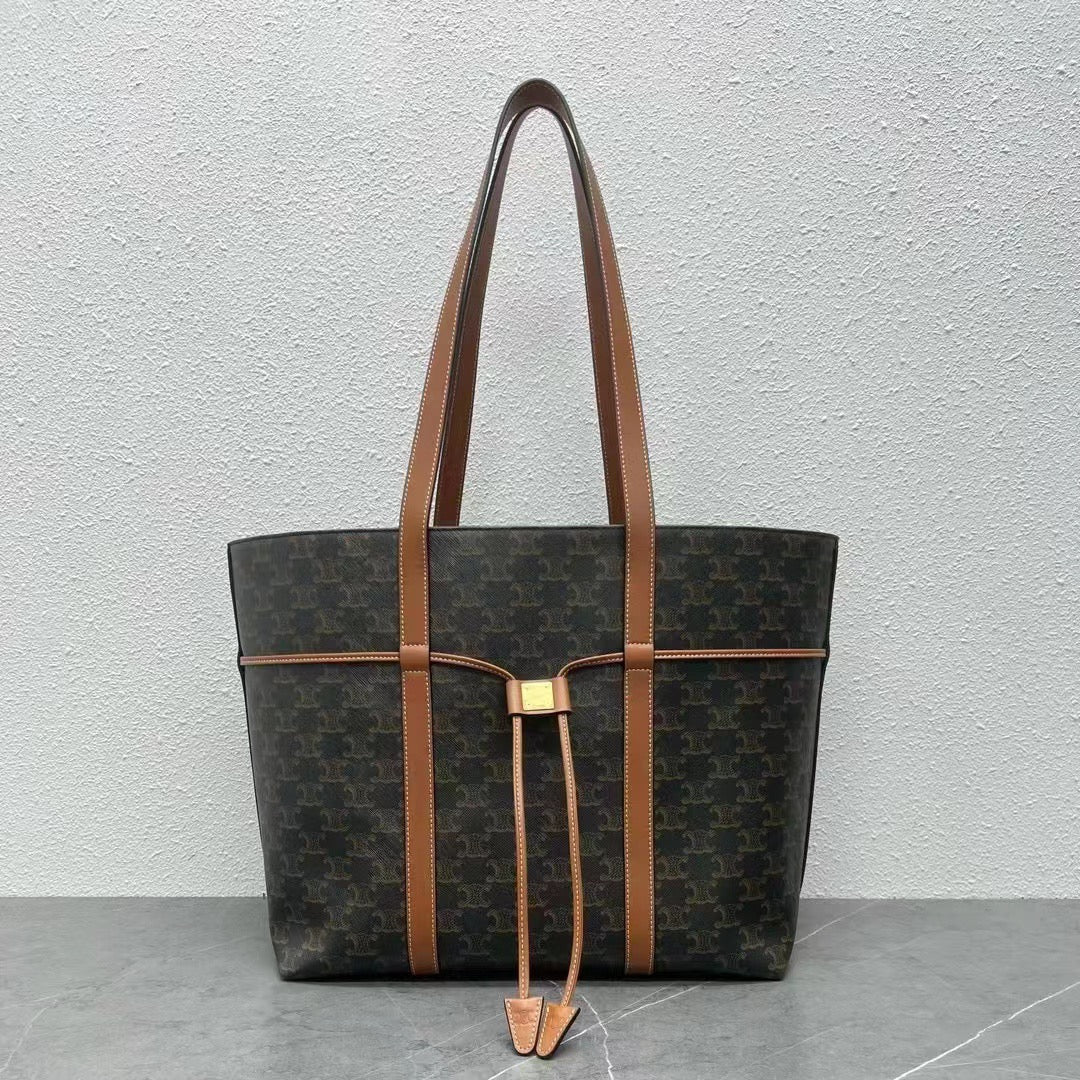 Celine Cabas Drawstring  Bag Triomphe Black Brown Canvas & Calfskin
