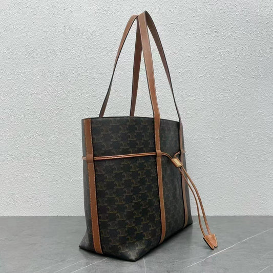 Celine Cabas Drawstring  Bag Triomphe Black Brown Canvas & Calfskin