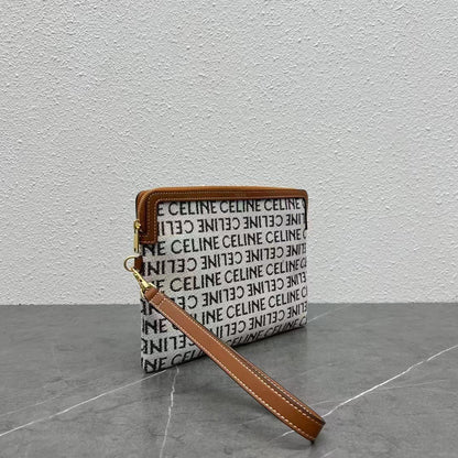 Celine Small Pouch with with Celine Print White Brown Calfskin Textile