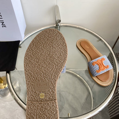 CELINE 25 Slippers Blue Stripe Orange Denim 285981