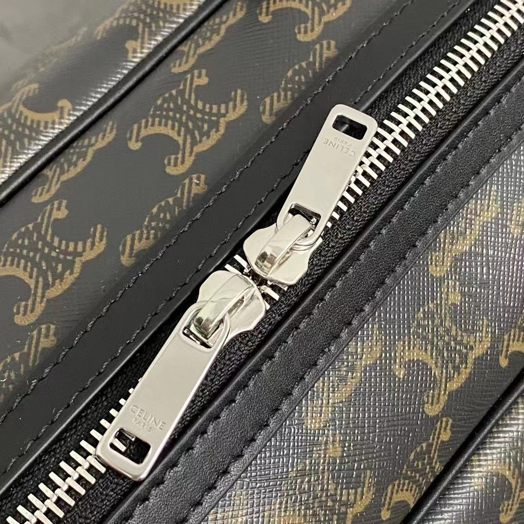 Celine Duffle Bag Bag Triomphe Black Beige Canvas & Calfskin