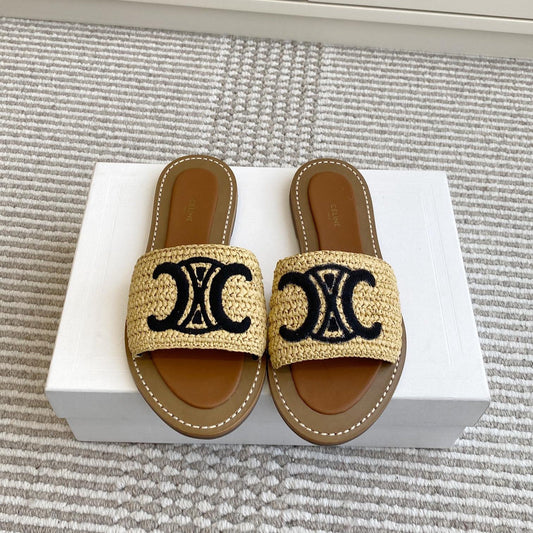 CELINE 25 Slippers Beige Black Sedge 285982