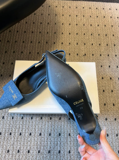 Celine Signature Slingback 5cm Blue Denim 619638