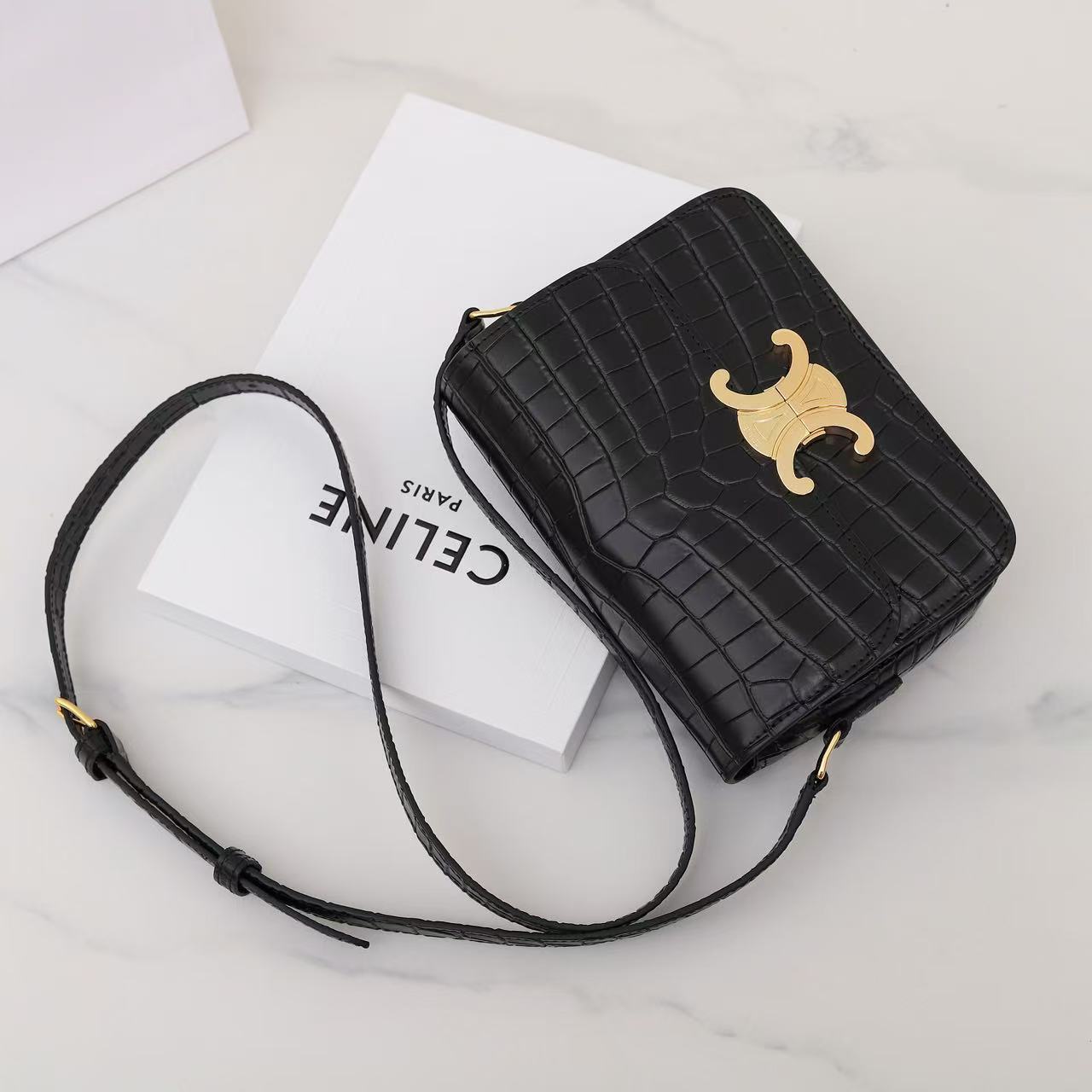 Celine Teen Triomphe Bag Black Crocodile Leather