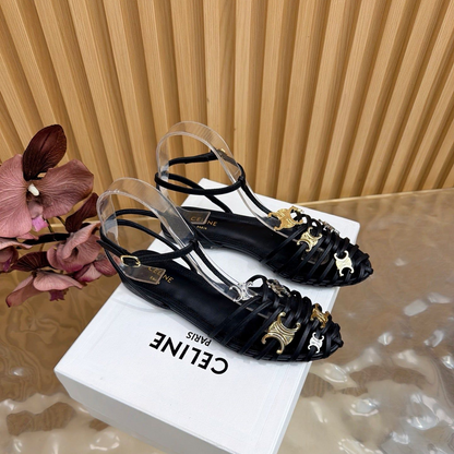 Celine 26s Cage Flat Sandals Black Lambskin