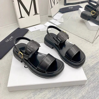 Celine 26 Clea Triomphe Retro-Chic Sandals Calfskin Leather 732451