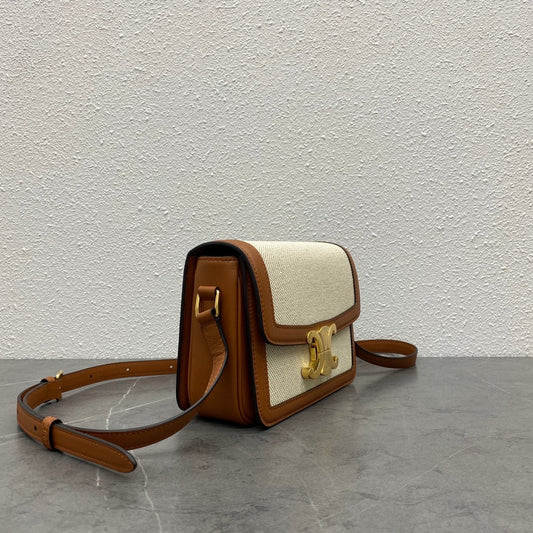 Celine 2026 Classique Triomphe Bag 18cm Tan Beige Textile Calfskin 283616