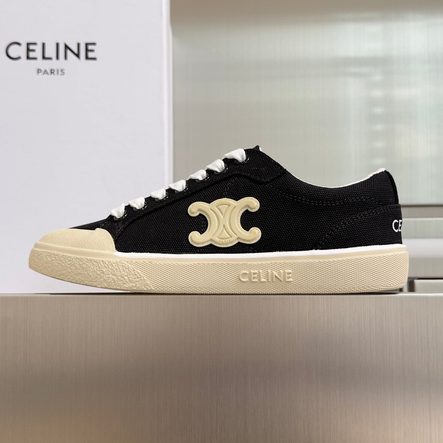 Celine 26s Lace-Up Sneakers In Black Canvas