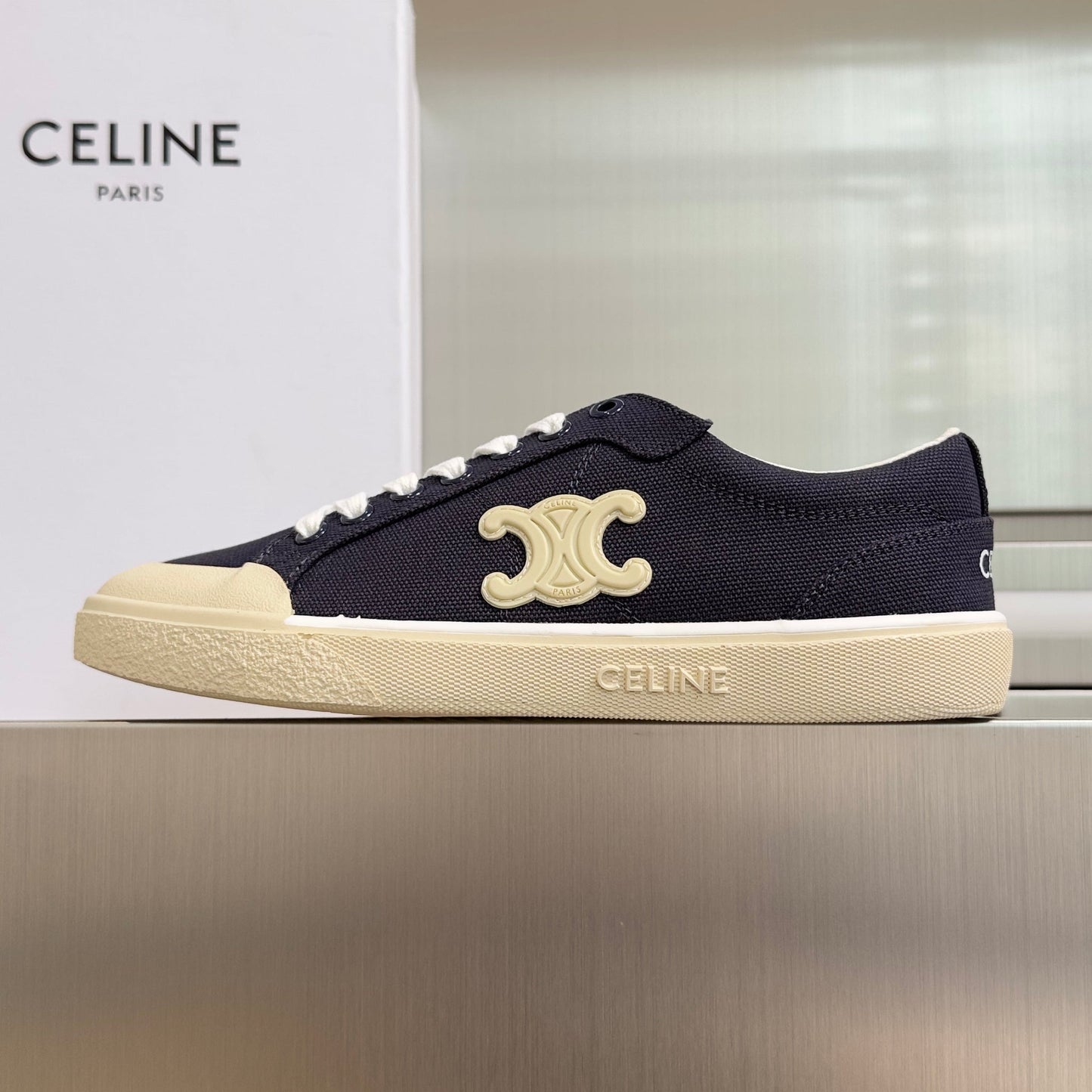 Celine 26s Lace-Up Sneakers In Navy Blue Canvas