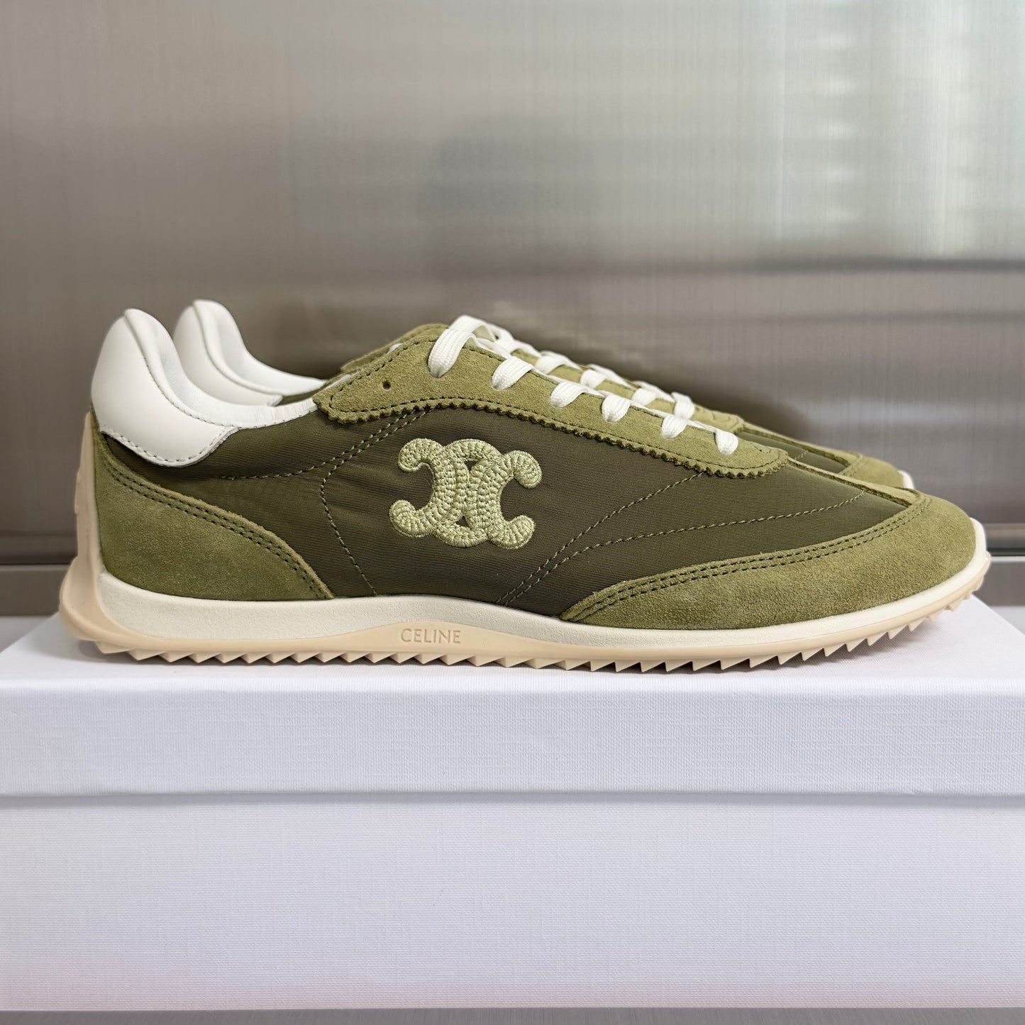 Celine 26s Racer Sneakers In Moss Green Fabric And Suede