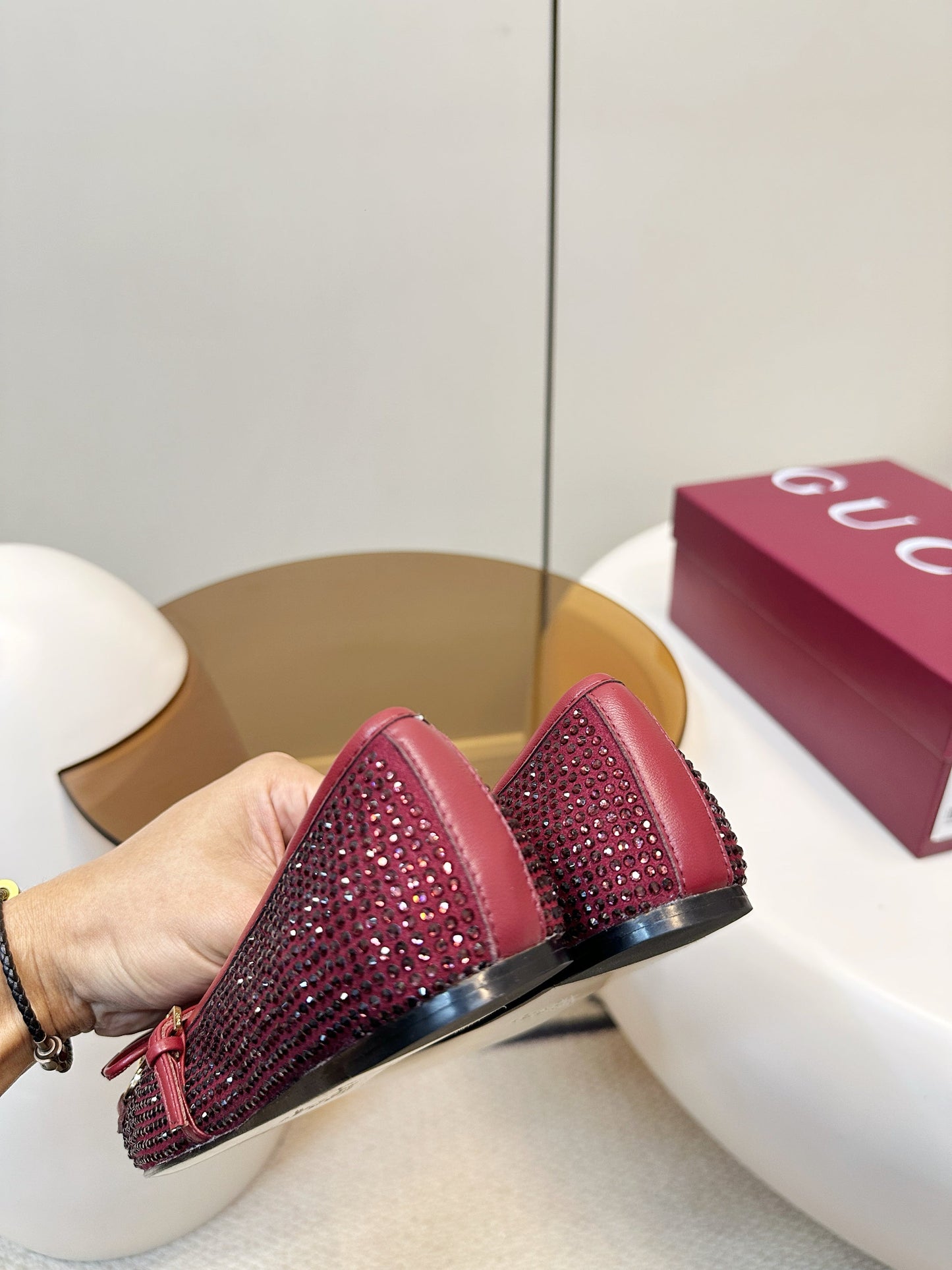 GG 26SS Ballet Flats Rhinestone Burgundy Sheepskin 645703