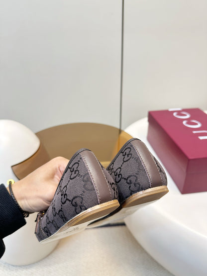 GG 26SS Ballet Flats Dark Brown Monogram Fabric Sheepskin 645711