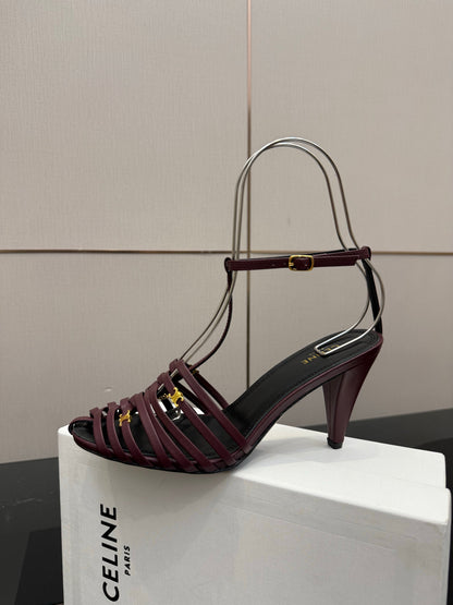 Celine Cage Heeled Sandal 9cm Burgundy Calfskin 725648