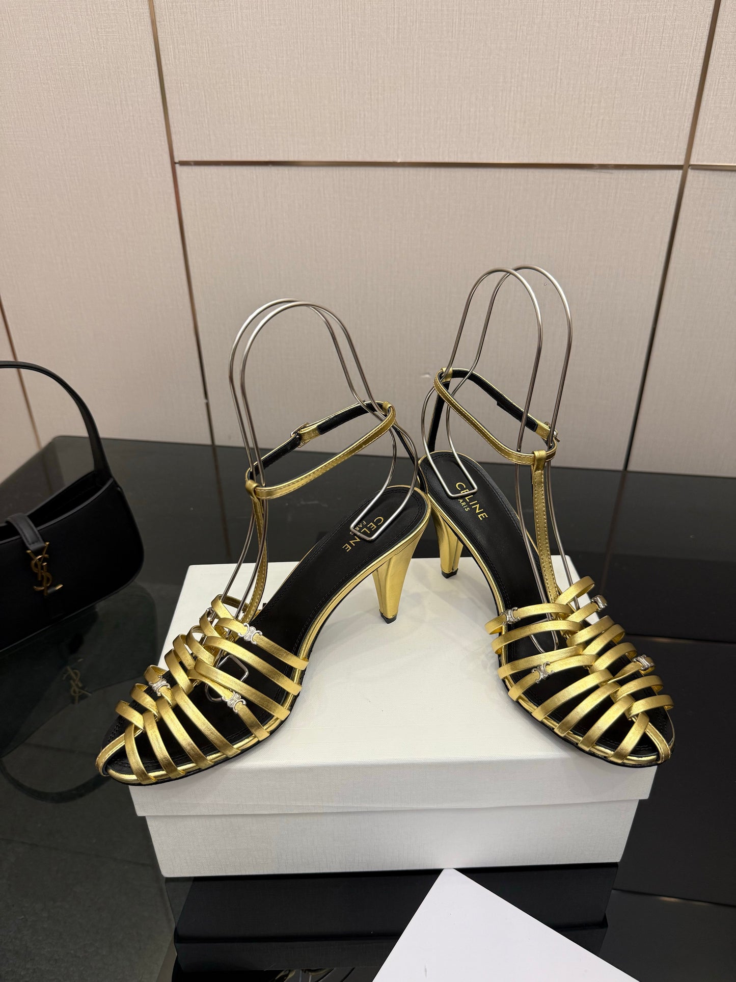 Celine Cage Heeled Sandal 9cm Gold Calfskin 725649