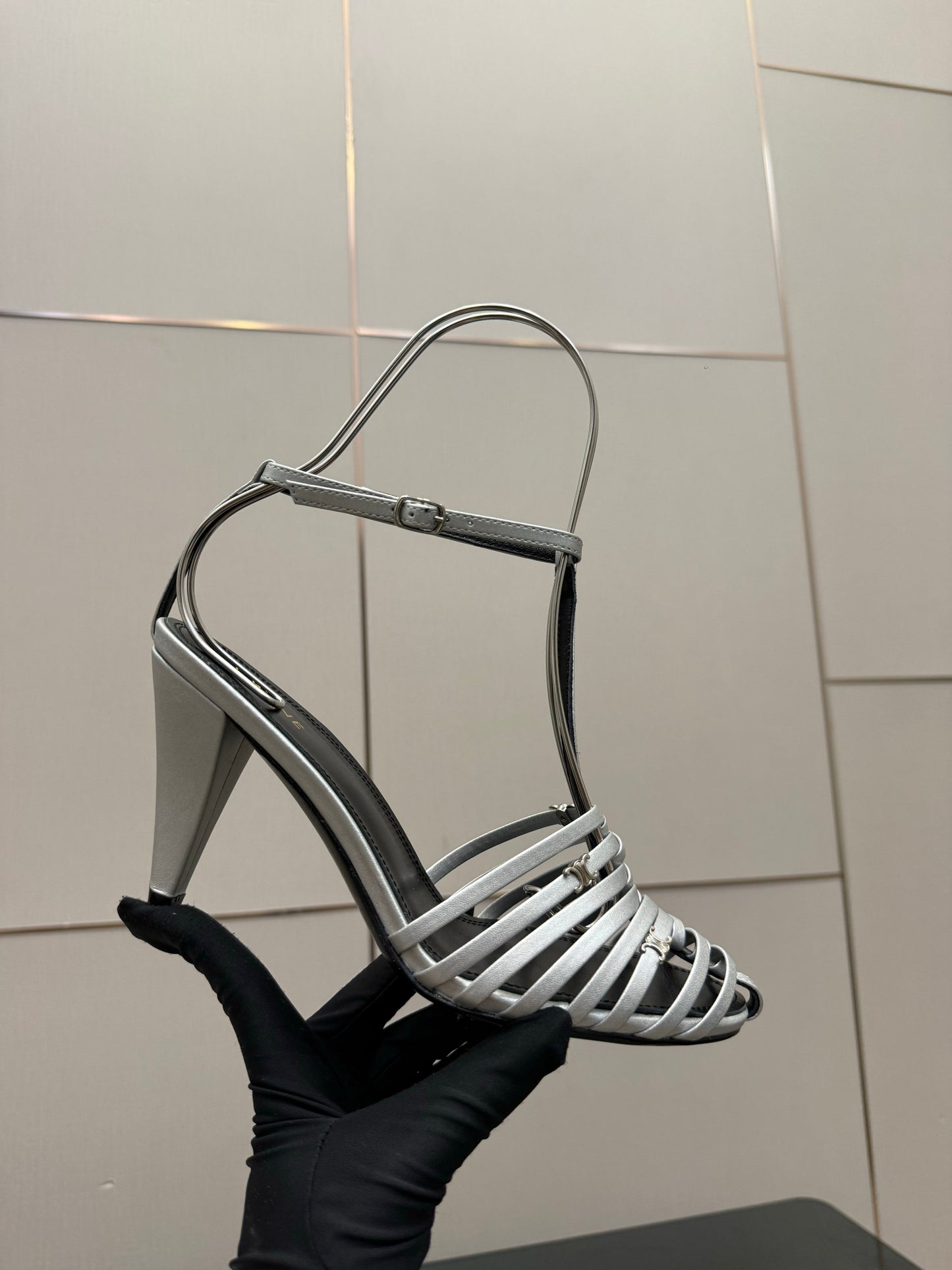 Celine Cage Heeled Sandal 9cm Sliver Calfskin 725651
