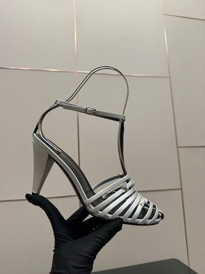 Celine Cage Heeled Sandal 9cm Sliver Calfskin 725651