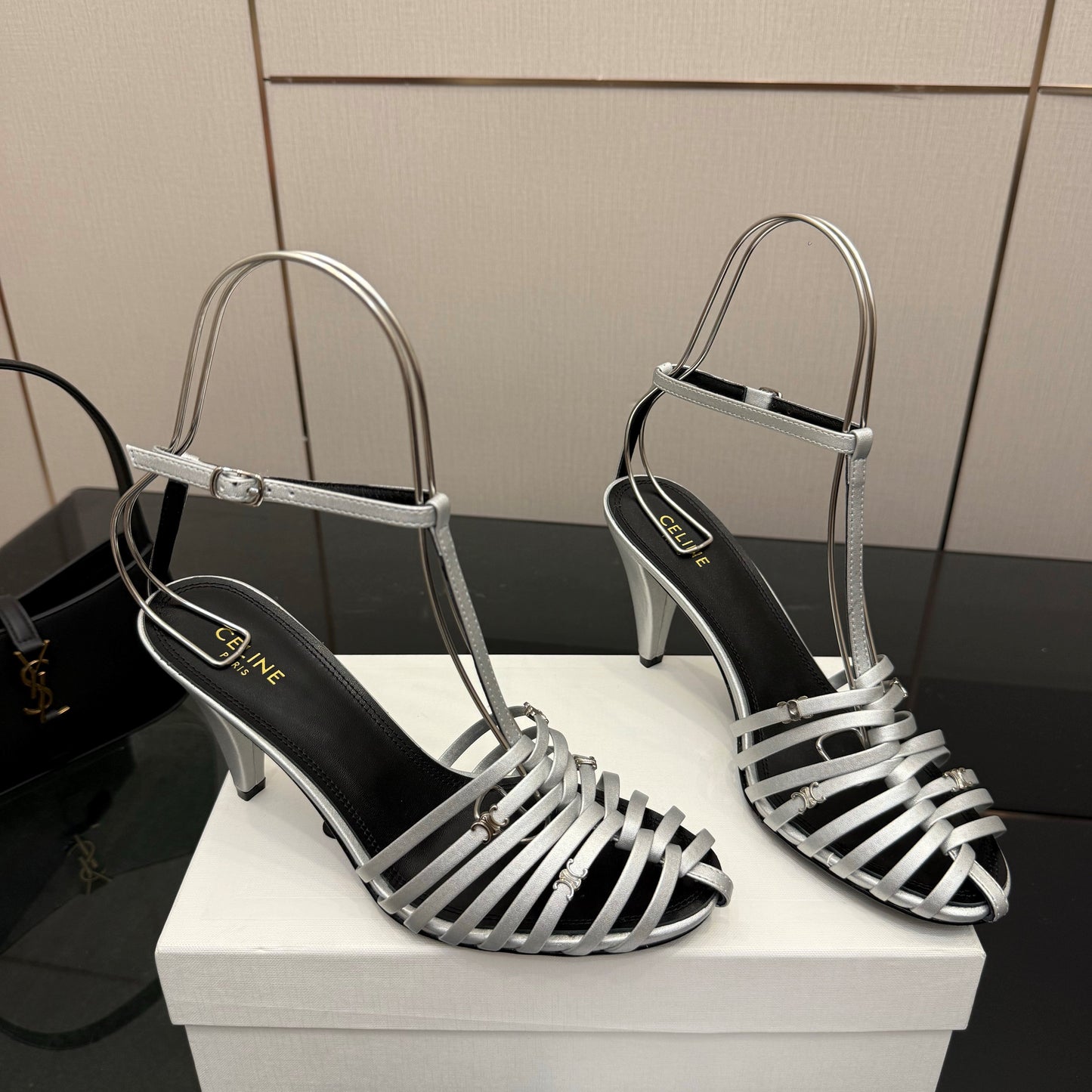 Celine Cage Heeled Sandal 9cm Sliver Calfskin 725651