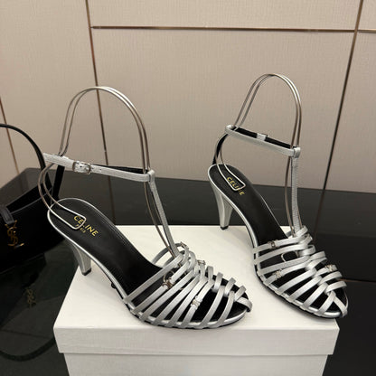 Celine Cage Heeled Sandal 9cm Sliver Calfskin 725651