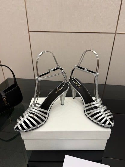 Celine Cage Heeled Sandal 9cm Sliver Calfskin 725651