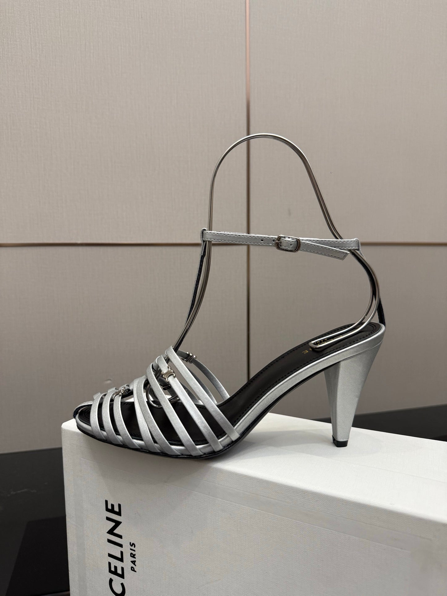Celine Cage Heeled Sandal 9cm Sliver Calfskin 725651