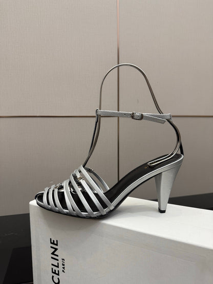 Celine Cage Heeled Sandal 9cm Sliver Calfskin 725651