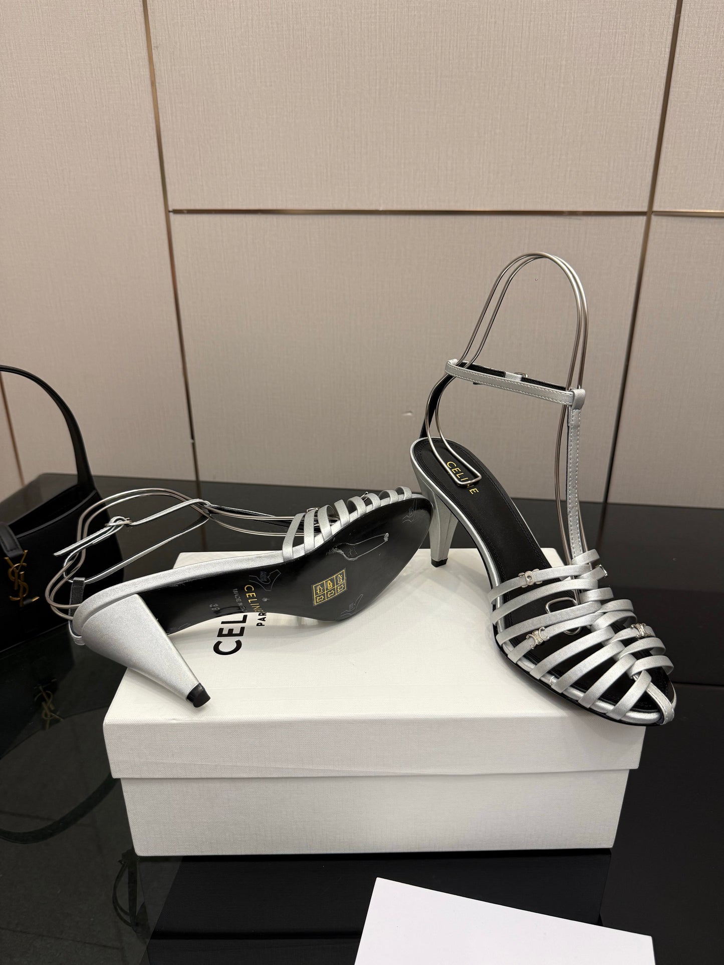 Celine Cage Heeled Sandal 9cm Sliver Calfskin 725651