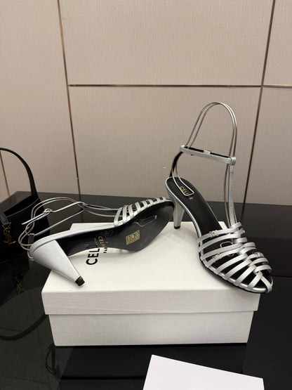 Celine Cage Heeled Sandal 9cm Sliver Calfskin 725651