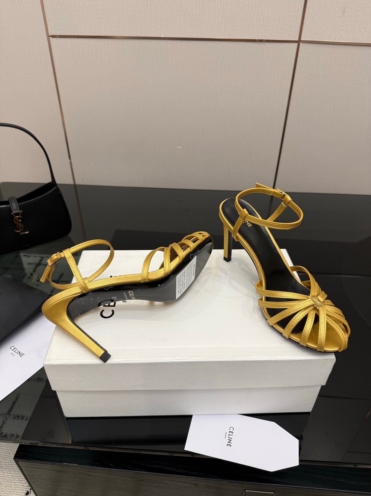 Celine 26s Sandal Triomphe 8.5cm Gold Lambskin 894268