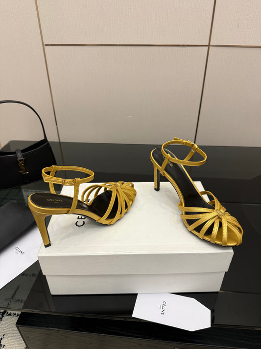 Celine 26s Sandal Triomphe 8.5cm Gold Lambskin 894268