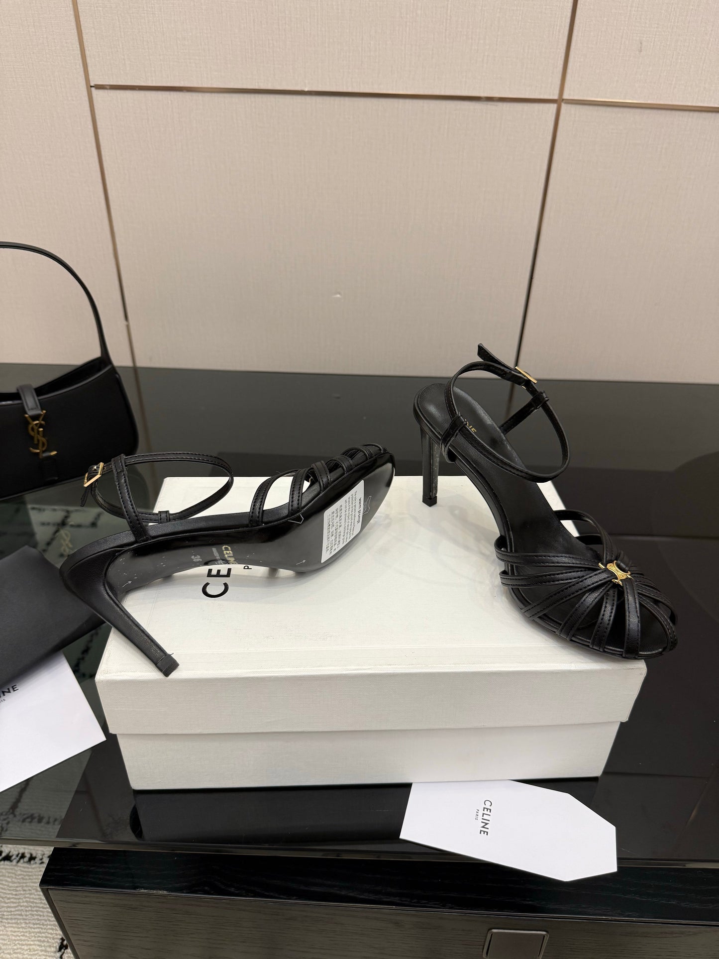 Celine 26s Sandal Triomphe 8.5cm Black Lambskin 894270