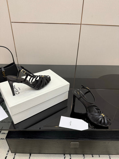 Celine 26s Sandal Triomphe 8.5cm Black Lambskin 894270
