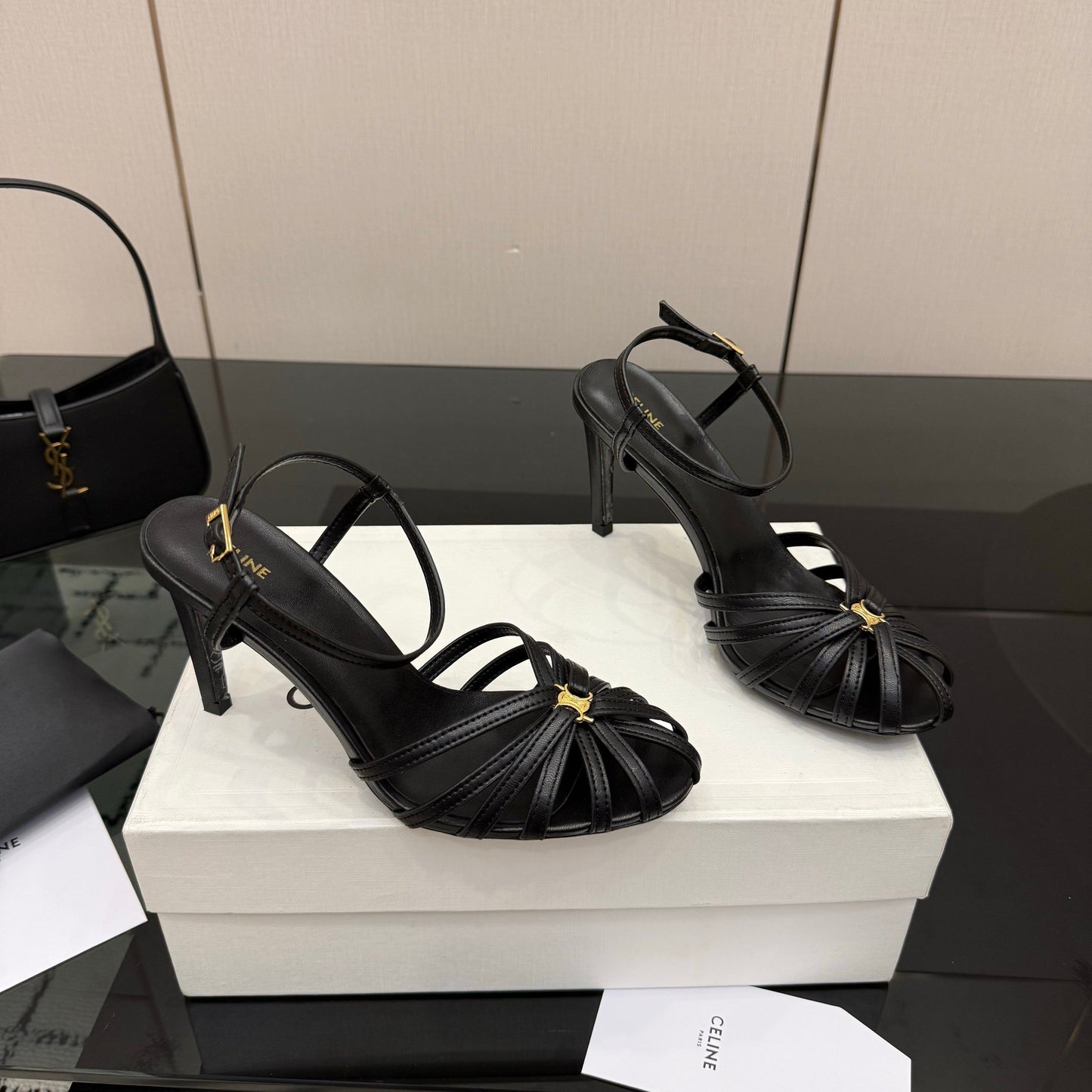 Celine 26s Sandal Triomphe 8.5cm Black Lambskin 894270