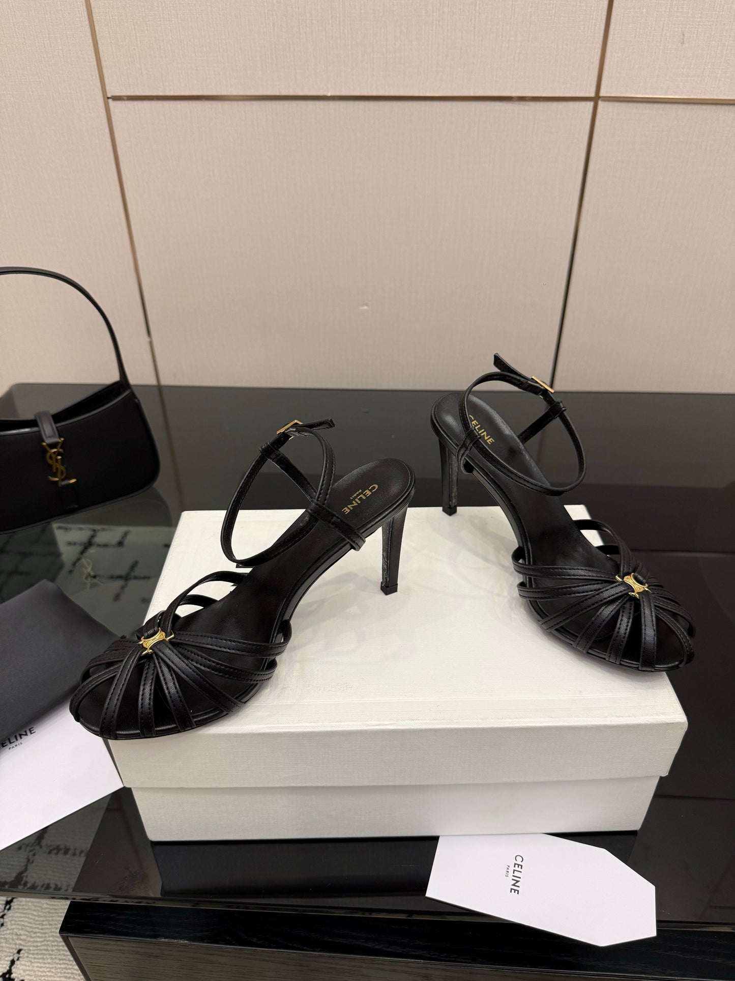 Celine 26s Sandal Triomphe 8.5cm Black Lambskin 894270