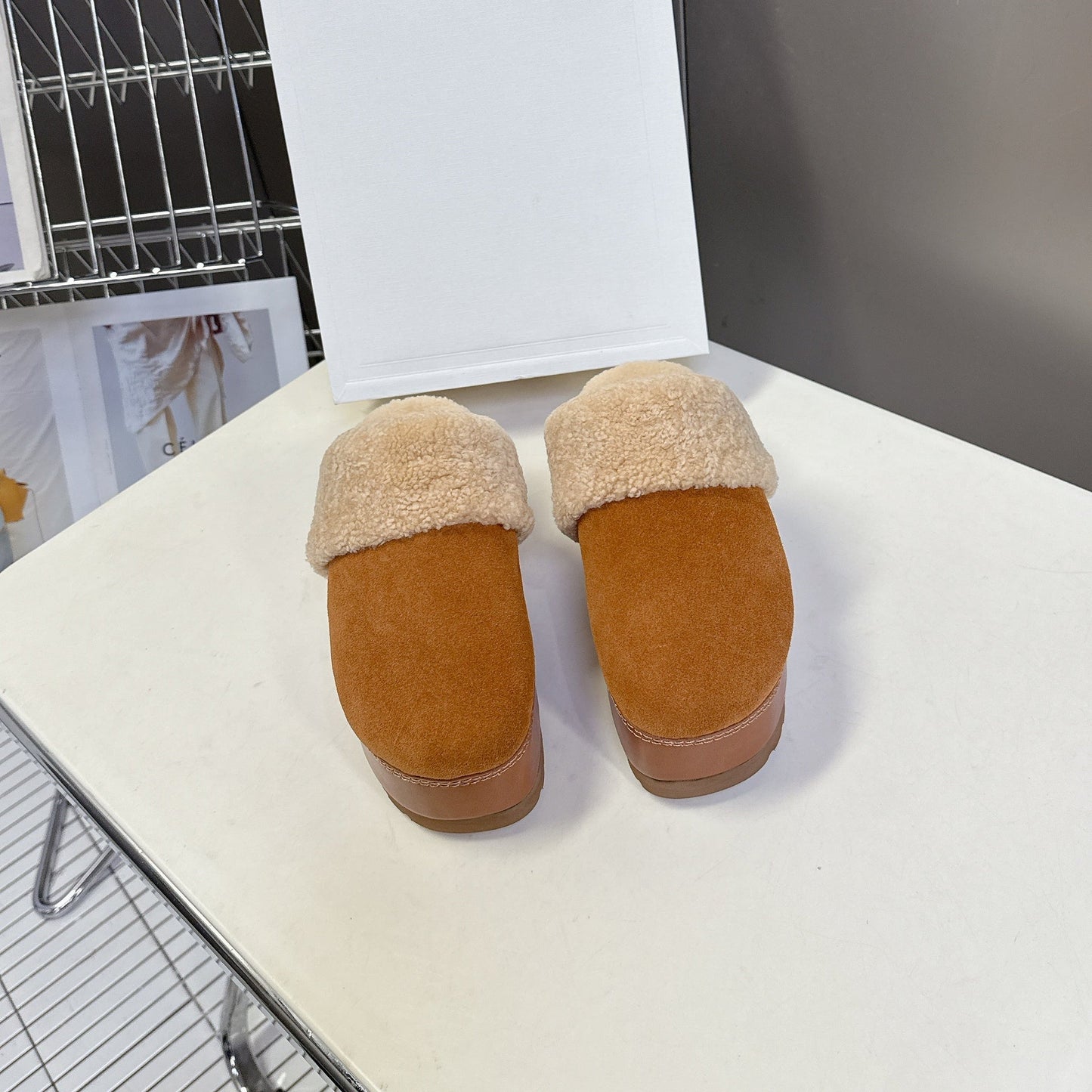 Celine 26s Wedge Mules In Orange Brown Suede And Beige Wool