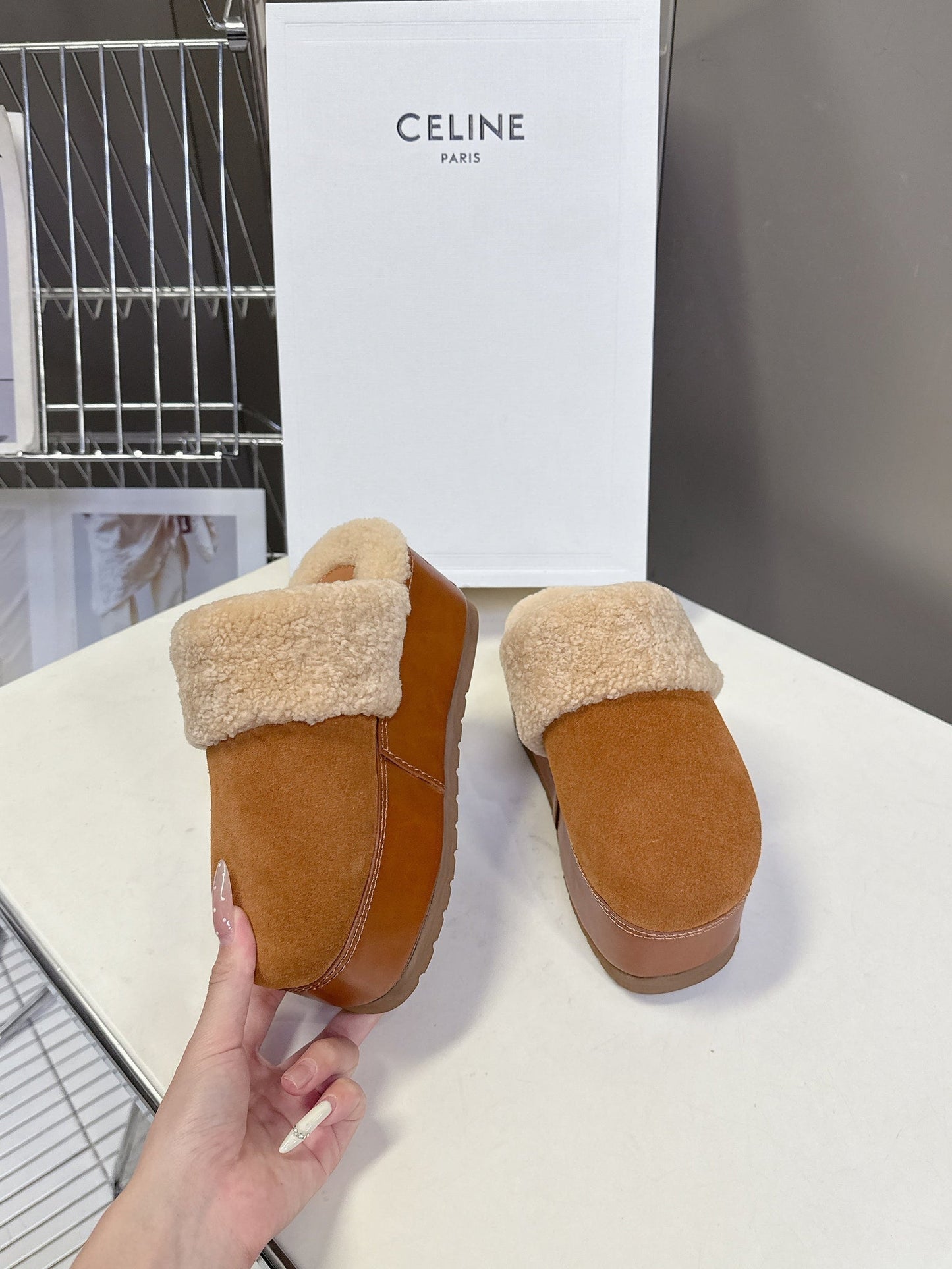 Celine 26s Wedge Mules In Orange Brown Suede And Beige Wool