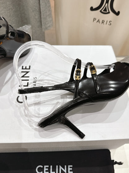 Celine 25C Judy Double Strap Mary Jane Slingback Black mix Silver Sheepskin 236776