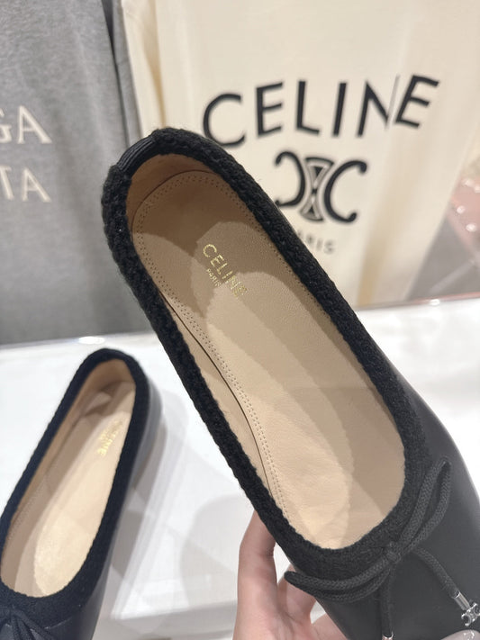Celine 26s Ballet Flats In Black Calfskin With Bow