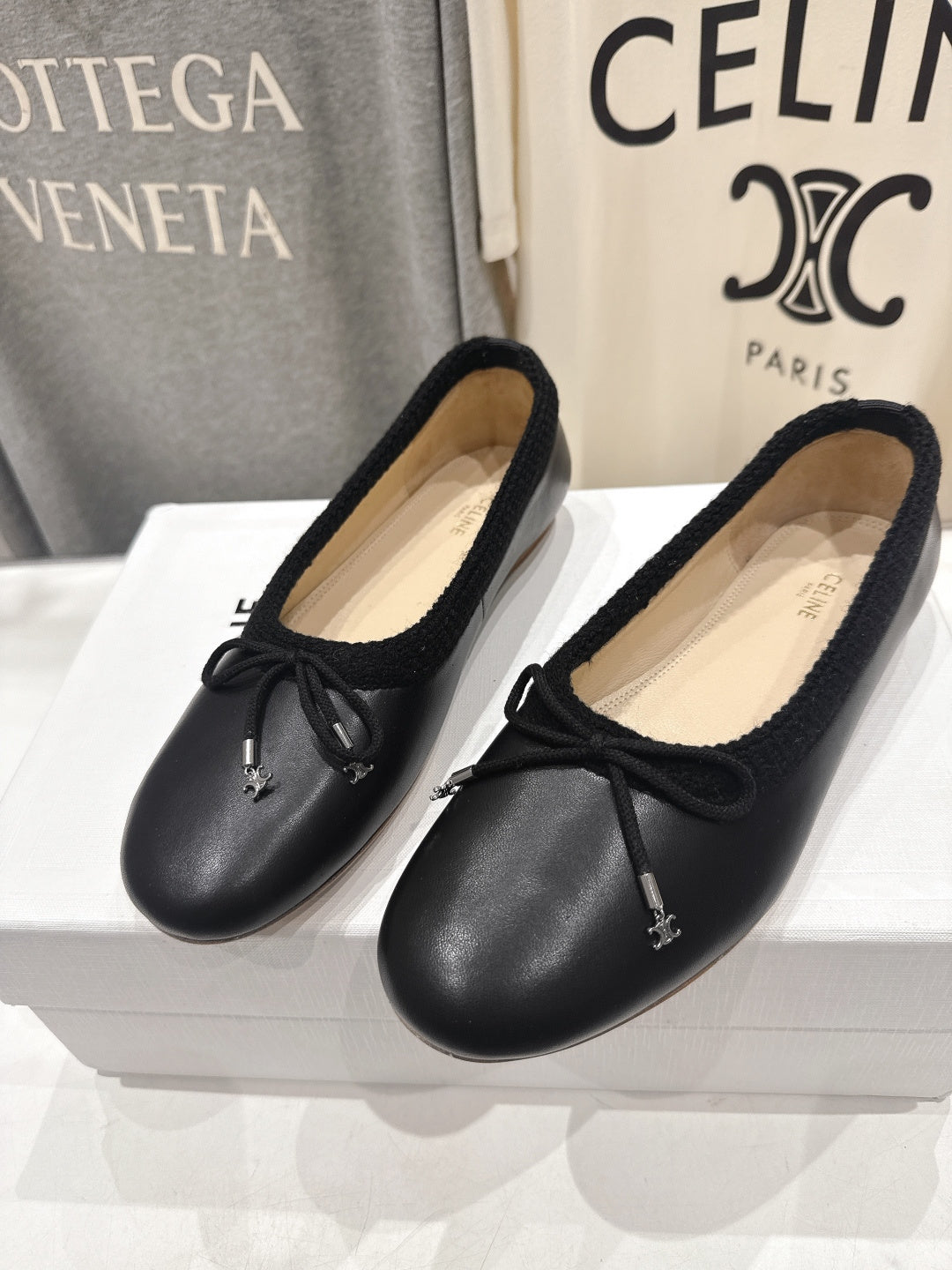 Celine 26s Ballet Flats In Black Calfskin With Bow