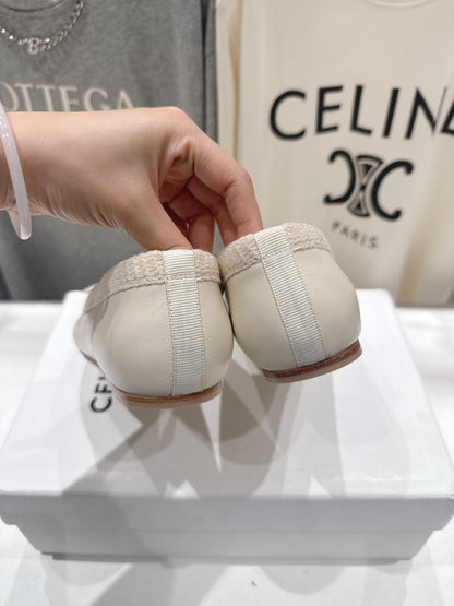 Celine 26s Ballet Flats In Cream White Calfskin With Bow