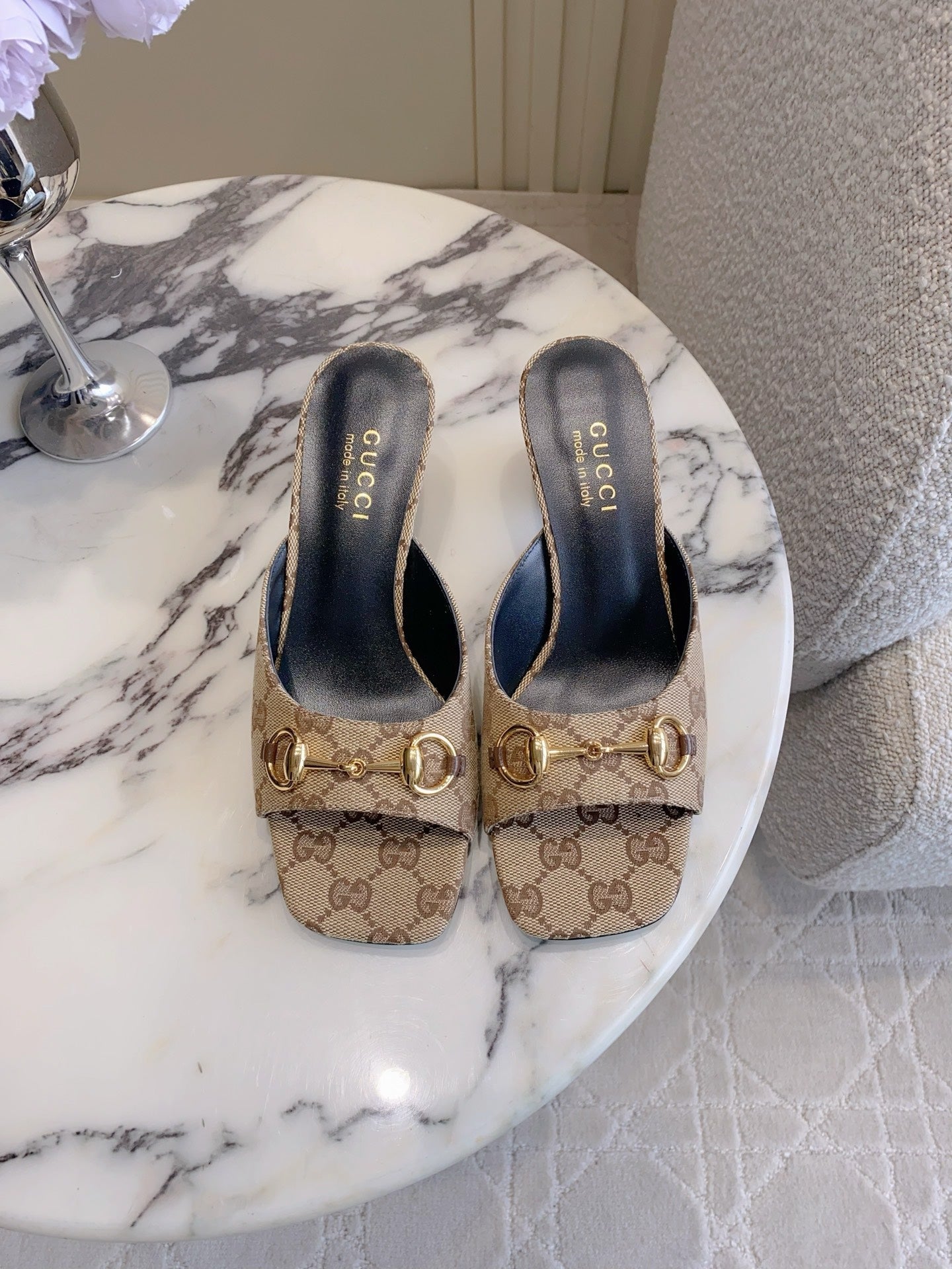GG 26SS High-Heeled Sandals Beige Black Canvas Leather 644534
