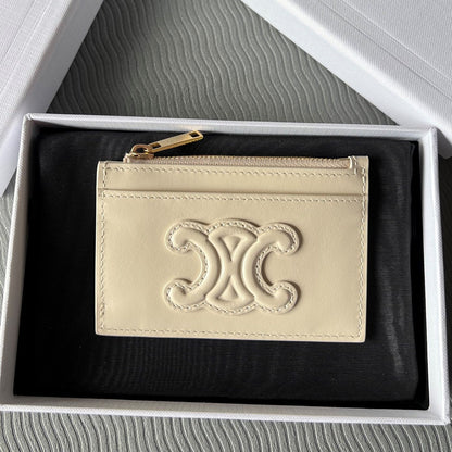 TRIOMPHE Zipped Card Holder Beige Cowhide Leather