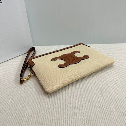 SMALL POUCH 25 IN BEIGE CANVAS AND BROWN CALFSKIN