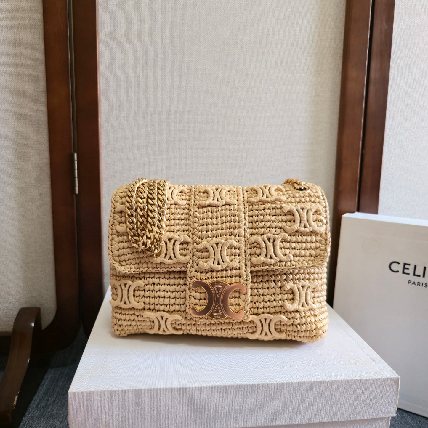 Celine Medium Victoire Bag 25cm Beige Raffia 288855