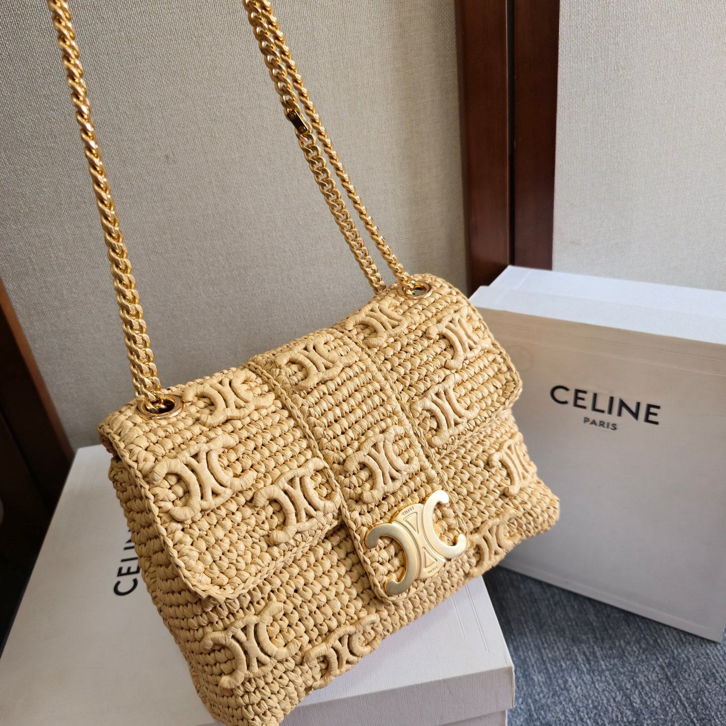 Celine Medium Victoire Bag 25cm Beige Raffia 288855
