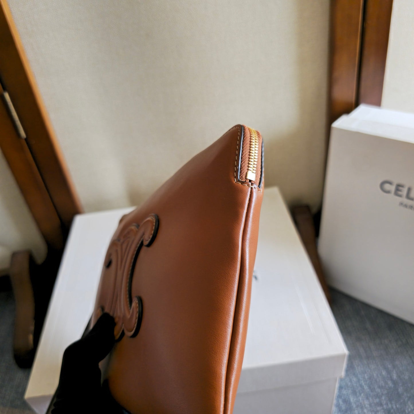 Celine Triomphe Wristlet Clutch Brown Leather