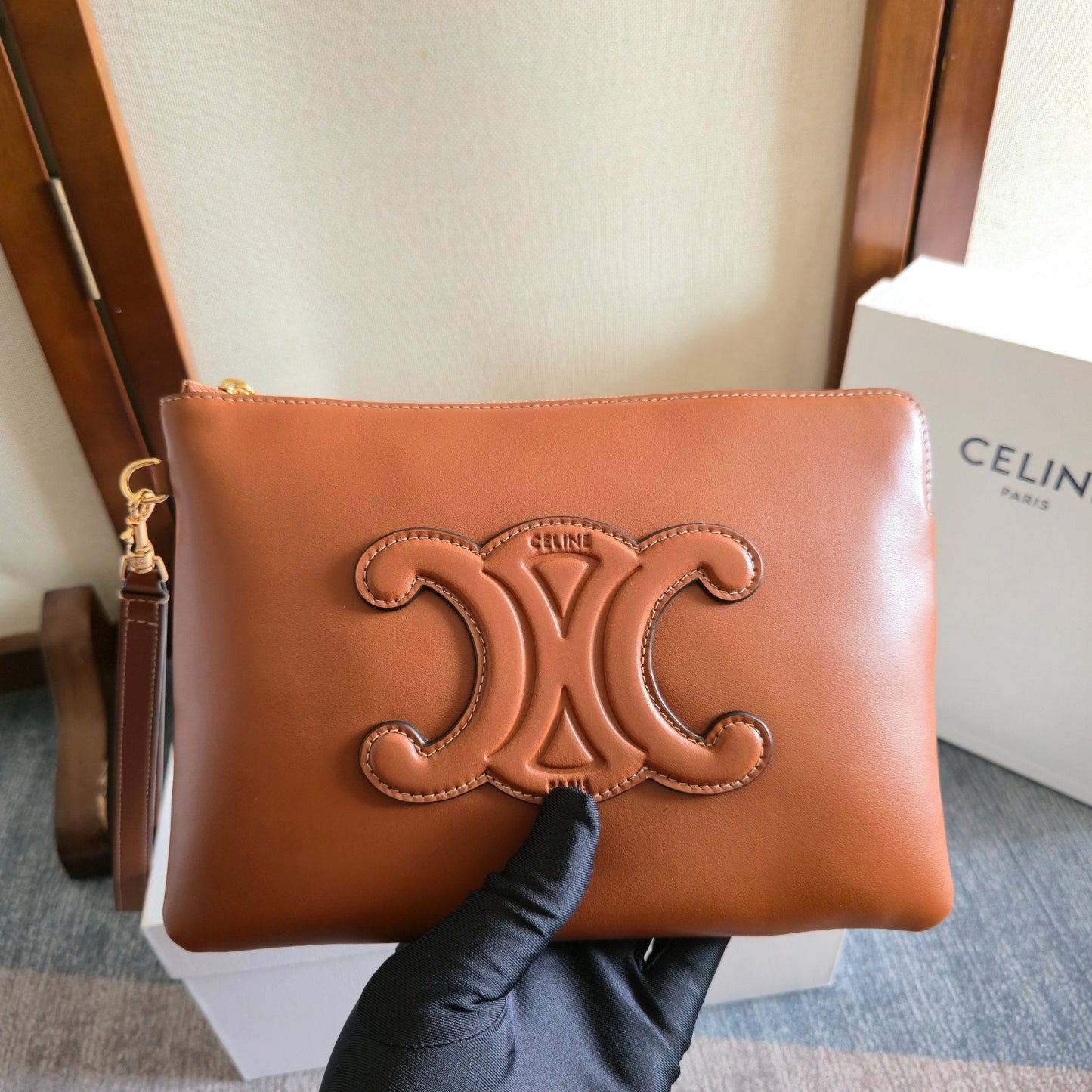 Celine Triomphe Wristlet Clutch Brown Leather