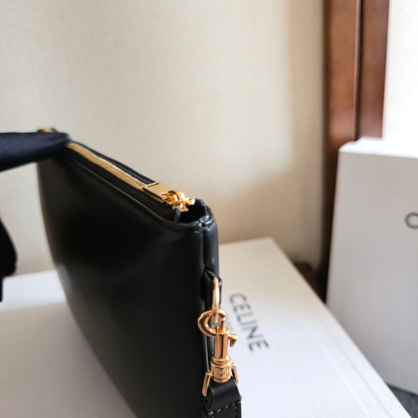 Celine Triomphe Wristlet Clutch Black Leather