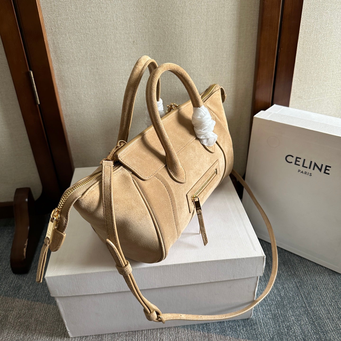 Celine Small Smiling New Luggage Light Khahi Suede