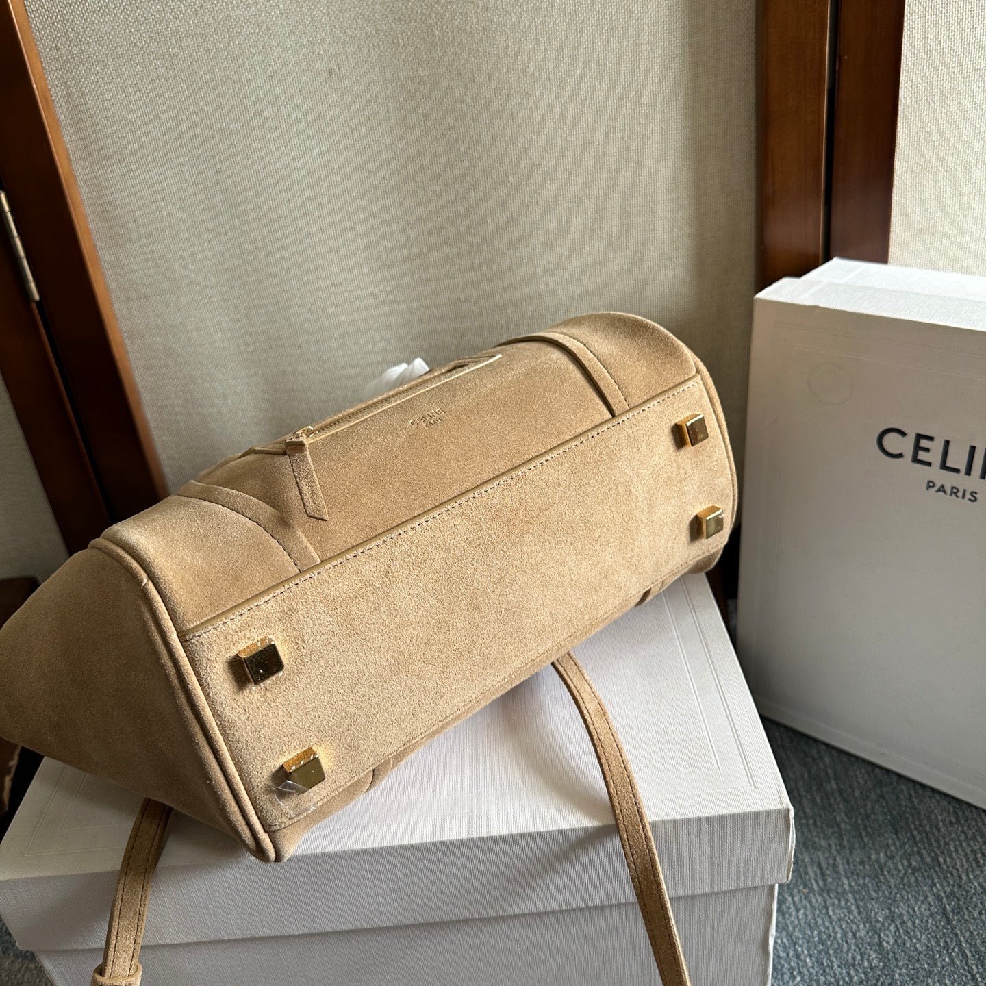 Celine Small Smiling New Luggage Light Khahi Suede